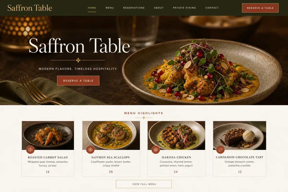 Saffron Table restaurant website design preview